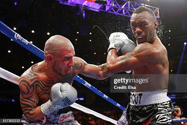 Miguel Cotto connects on a punch while fighting against Austin Trout in their WBA Super Welterweight Championship title fight at Madison Square...