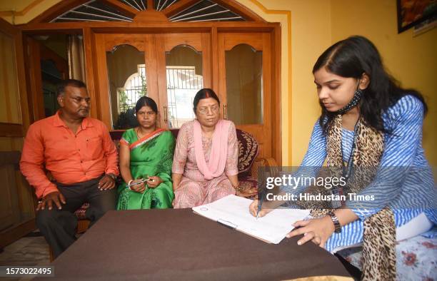 Enumerator staff collect information from residents for a caste-based census in Bihar after Patna High Court rejected a petition against the survey,...