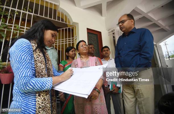 Patna District Magistrate Chandrashekhar Singh looking enumerator staff who collect information from residents for a caste-based census in Bihar...