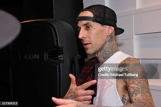 Blink-182 drummer Travis Barker attends the launching of the One Life One Chance web store on December 1, 2012 in Los Angeles, California.