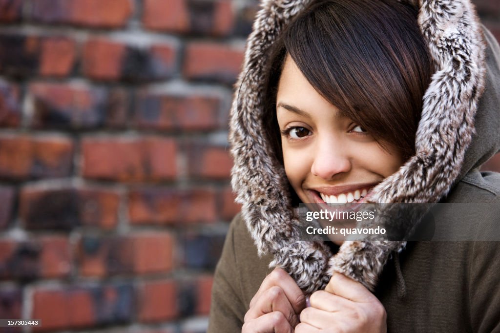 African American Beautiful Teenage Girl in Hooded Jacket, Copy Space