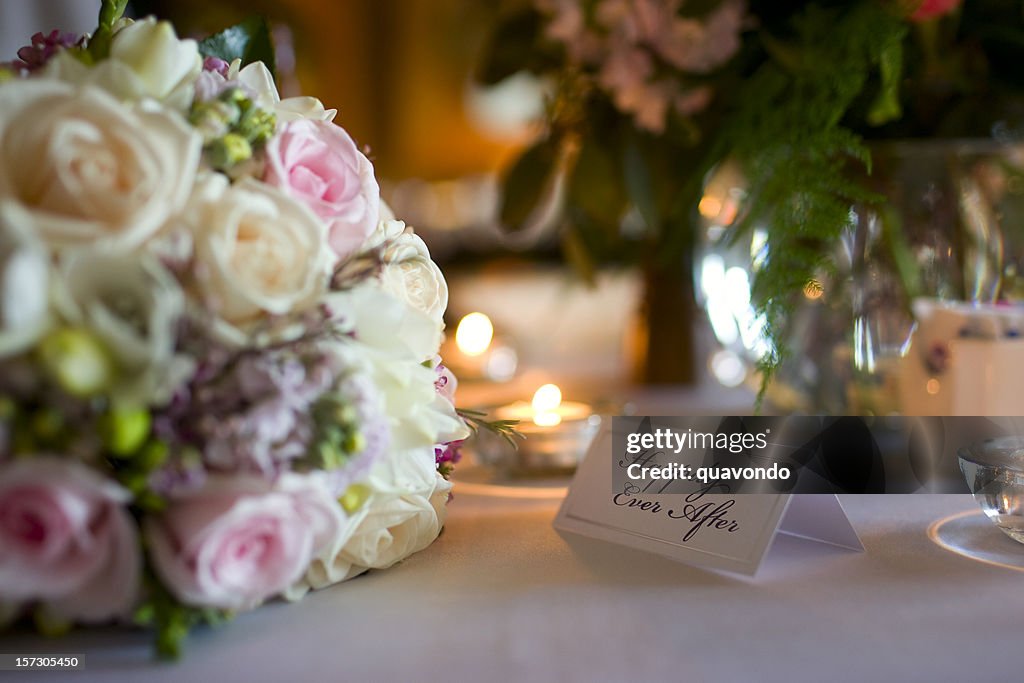 Beautiful Bouquet and Table Setting at Wedding Reception, Copy Space