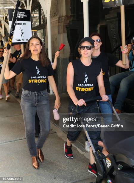 Megan Boone is seen picketing with SAG-AFTRA and WGA members on August 02, 2023 in New York City.