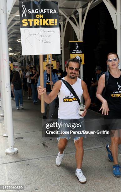 Max Casella is seen picketing with SAG-AFTRA and WGA members on August 02, 2023 in New York City.