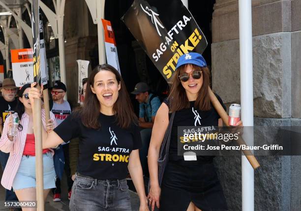 Megan Boone is seen picketing with SAG-AFTRA and WGA members on August 02, 2023 in New York City.