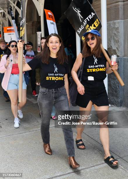 Megan Boone is seen picketing with SAG-AFTRA and WGA members on August 02, 2023 in New York City.