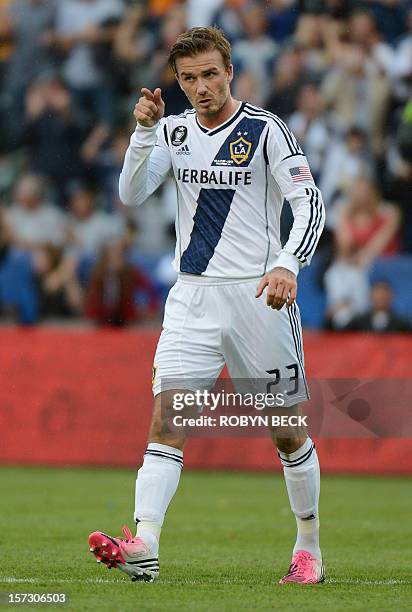 David Beckham Los Angeles Galaxy gestures to a teammate during the second half of the Galaxy's 3-1 victory against the Houston Dynamo to win the 2012...