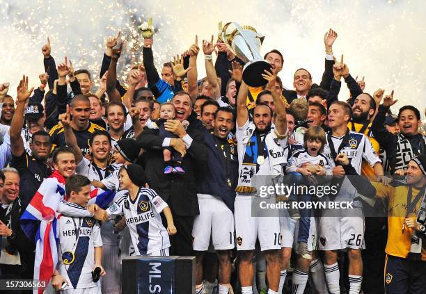 The Los Angeles Galaxy celebrate the win after defeating the Houston Galaxy to win the 2012 Major League Soccer at The Home Depot Center on December...