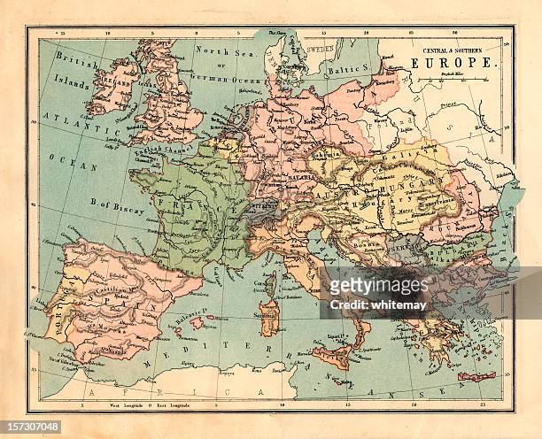 mid-victorian map of central and southern europe - symbols on old maps stock pictures, royalty-free photos & images