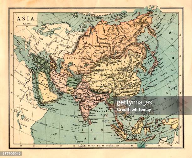 mid-victorian map of asia - iran china stock pictures, royalty-free photos & images