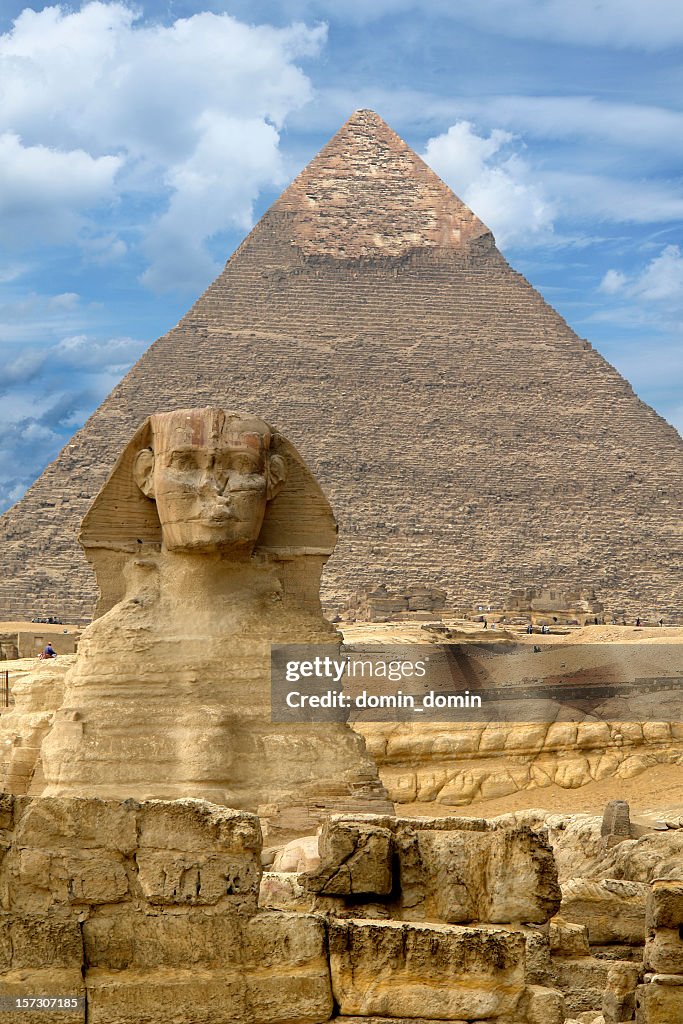 Great Sphinx of Giza against the Great Pyramid, Giza, Egypt
