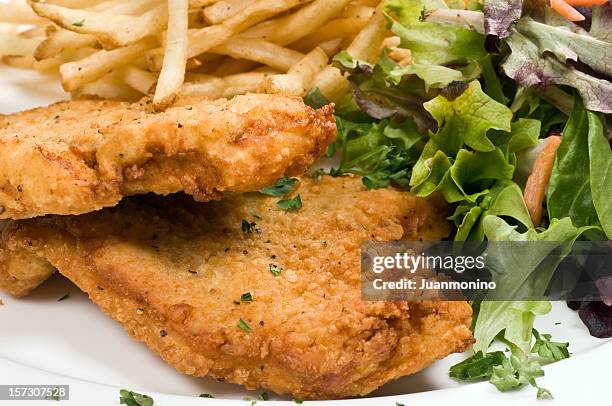 paniertes hähnchen, salat und pommes frites - breaded chicken stock-fotos und bilder