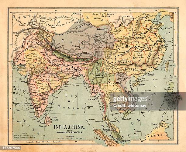mid-victorian map of indo-china - symbols on old maps stockfoto's en -beelden