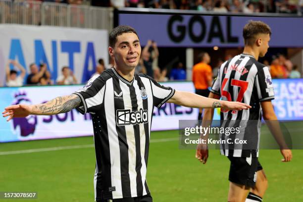 Miguel Almiron of Newcastle United celebrates after scoring their sides first goal during the Premier League Summer Series match between Chelsea FC...