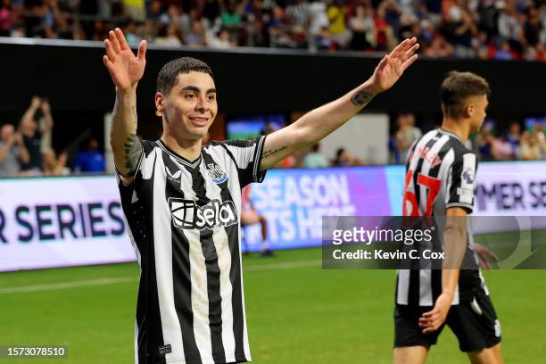 Miguel Almiron of Newcastle United celebrates after scoring their sides first goal during the Premier League Summer Series match between Chelsea FC...