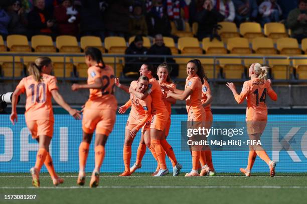 Jill Roord of Netherlands celebrates with teammates after scoring her team's first goal during the FIFA Women's World Cup Australia & New Zealand...