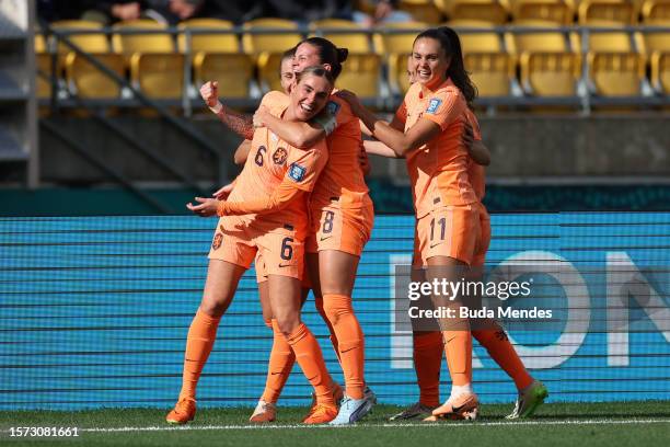 Jill Roord of Netherlands celebrates with teammates after scoring her team's first goal during the FIFA Women's World Cup Australia & New Zealand...