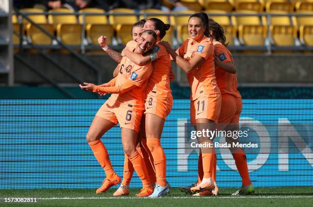 Jill Roord of Netherlands celebrates with teammates after scoring her team's first goal during the FIFA Women's World Cup Australia & New Zealand...