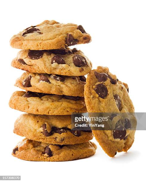 homemade chocolate chip cookies stacked tower isolated on white background - cookie stock pictures, royalty-free photos & images