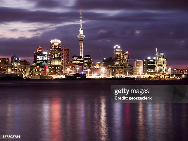 auckland night skyline - sky tower stock pictures, royalty-free photos & images