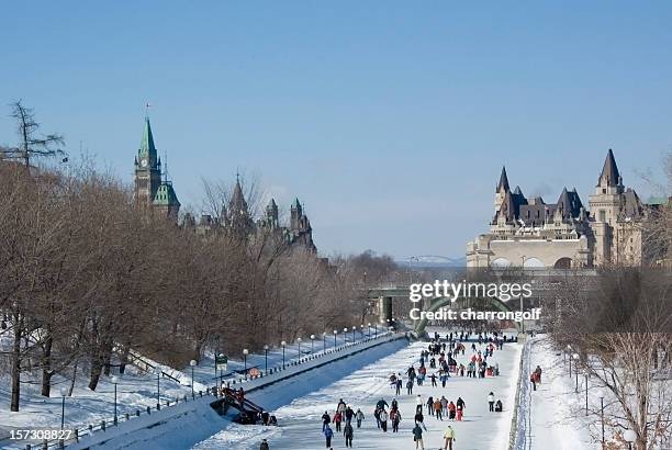 ice skating on the rideau canal - ottawa stock pictures, royalty-free photos & images