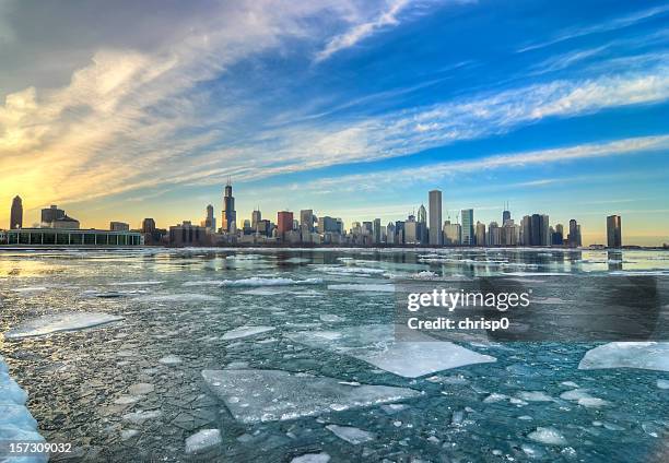 wide icy view of chicago skyline - chicago illinois skyline stock pictures, royalty-free photos & images