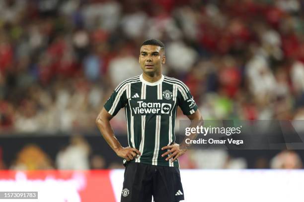 Casemiro of Manchester United reacts after missing a chance to score during a friendly match between Real Madrid and Manchester United as part Soccer...