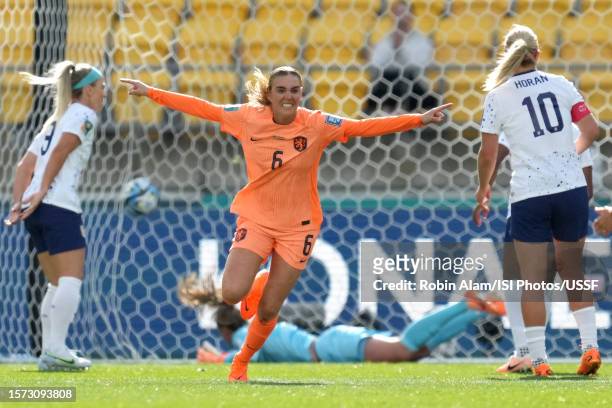 Jill Roord of the Netherlands celebrates scoring during the first half against the United States during the FIFA Women's World Cup Australia & New...