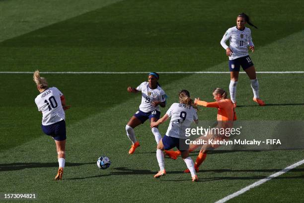 Jill Roord of Netherlands scores her team's first goal during the FIFA Women's World Cup Australia & New Zealand 2023 Group E match between USA and...