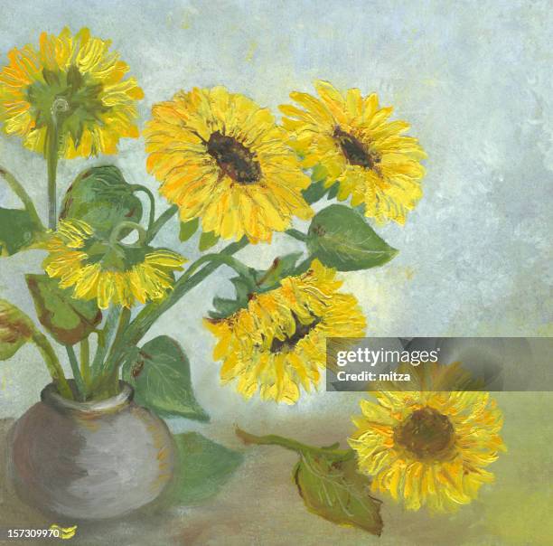 stockillustraties, clipart, cartoons en iconen met oil painted sunflowers arrangement - zonnebloemen