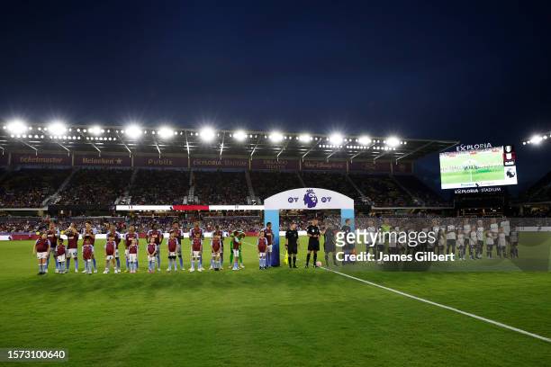 Players of Aston Villa and Fulham line up during the Premier League Summer Series match between Aston Villa and Fulham FC at Exploria Stadium on July...