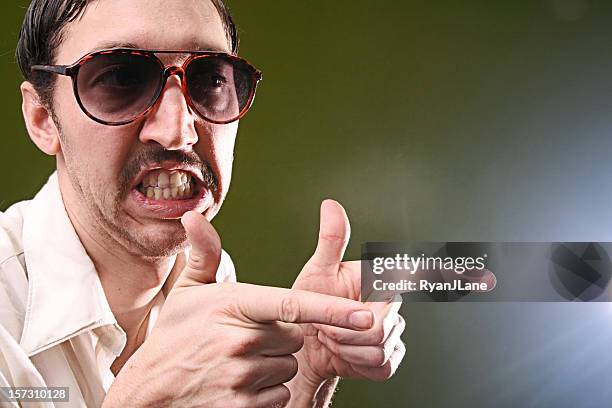 mustache salesman and pointing gesture - ugly bald man stock pictures, royalty-free photos & images