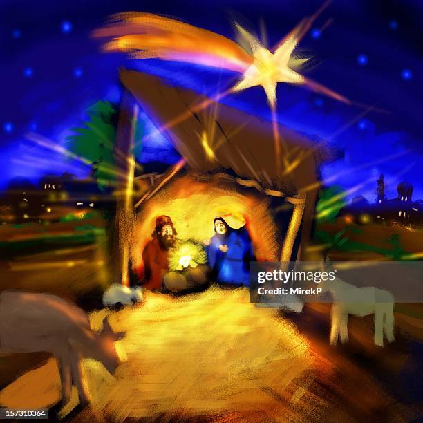 ilustraciones, imágenes clip art, dibujos animados e iconos de stock de christmas nativity noche - nativity scene painting