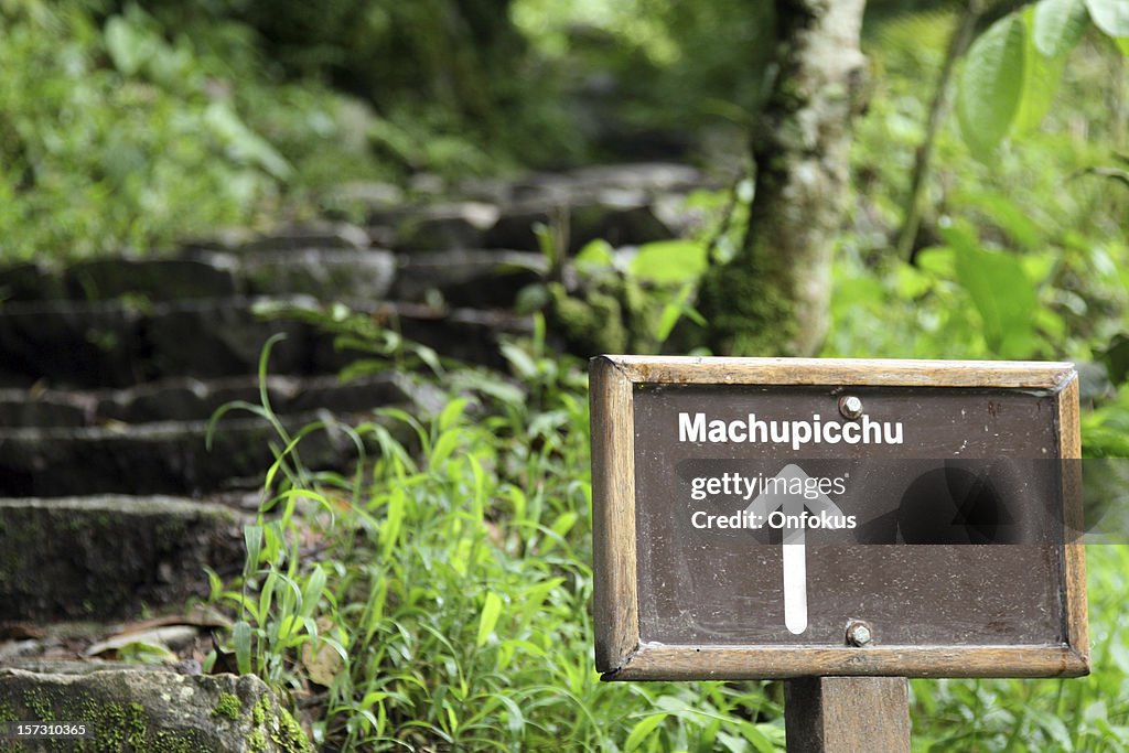 Inca Trail Sign in Tropical Forest, Machu Picchu, peru