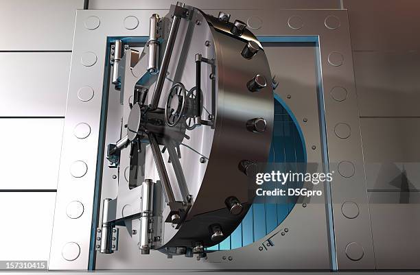 graphic art of a partially opened steel bank vault door - password strength stock pictures, royalty-free photos & images