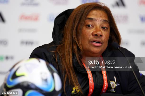 Desiree Ellis, Head Coach of South Africa, speaks to the media during a South Africa Press Conference at Dunedin Stadium on July 27, 2023 in Dunedin...