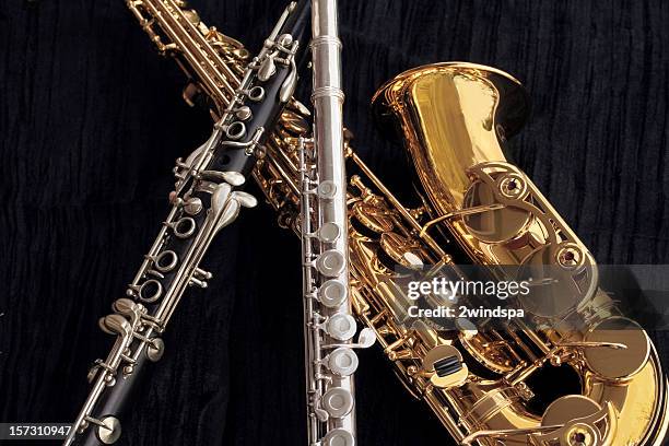 clarinet, flute and alto sax collage - woodwind instrument stock pictures, royalty-free photos & images