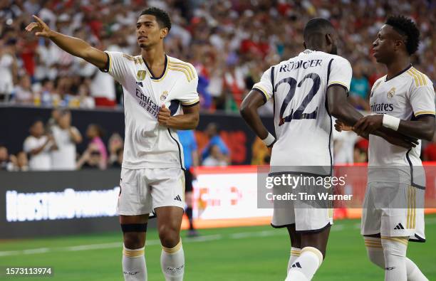 Jude Bellingham of Real Madrid reacts after scoring a goal in the first half against the Manchester United during the 2023 Soccer Champions Tour...