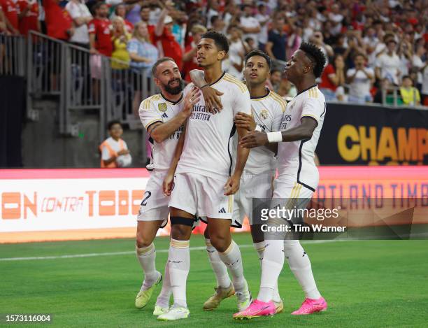 Jude Bellingham of Real Madrid reacts after scoring a goal in the first half against the Manchester United during the 2023 Soccer Champions Tour...