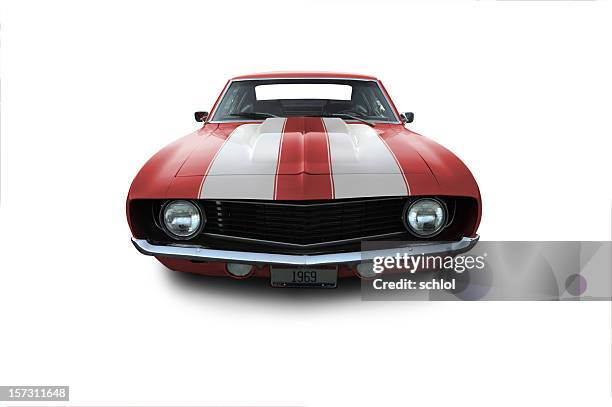 1969 camaro músculo coche rojo - car on white background fotografías e imágenes de stock