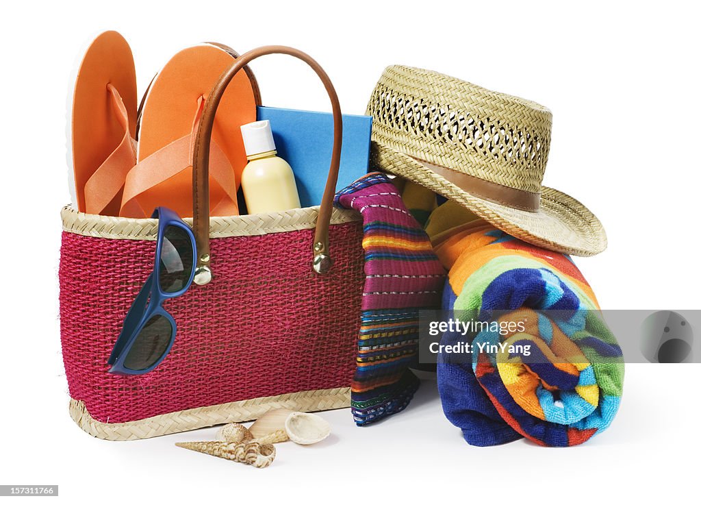 Summer Vacation Beach Bag with Supplies Isolated on White Background