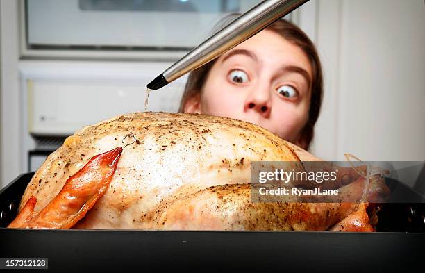 young girl watching thanksgiving turkey being prepared - funny rooster stockfoto's en -beelden