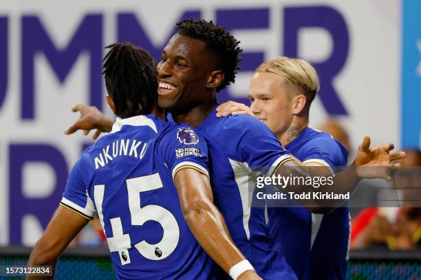 Nicolas Jackson of Chelsea celebrates with team mate Christopher Nkunku after scoring their sides first goal during the Premier League Summer Series...