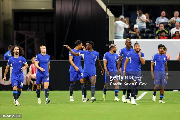 Nicolas Jackson of Chelsea celebrates after scoring their sides first goal during the Premier League Summer Series match between Chelsea FC and...