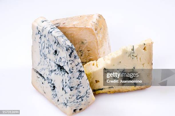 three gorgonzola cheeses - roquefort cheese stock pictures, royalty-free photos & images