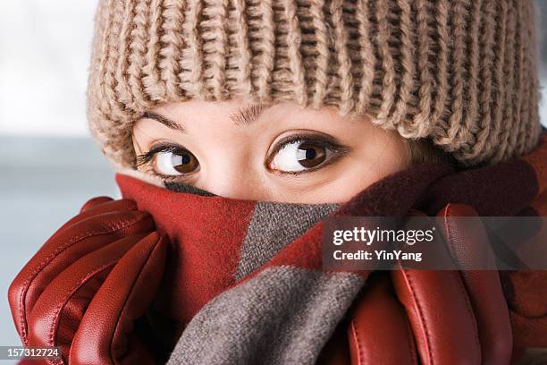 woman in winter warm clothing fashion in frozen cold temperature - leather glove bildbanksfoton och bilder