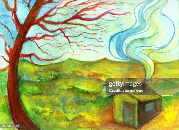 house on a hill - barn door stock illustrations