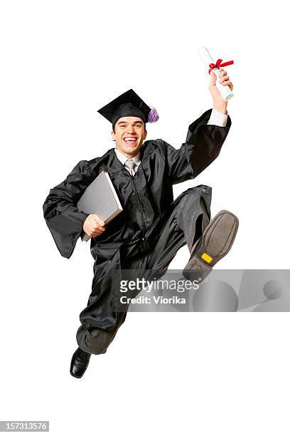 jumping graduate (with clipping path) - alumni bildbanksfoton och bilder