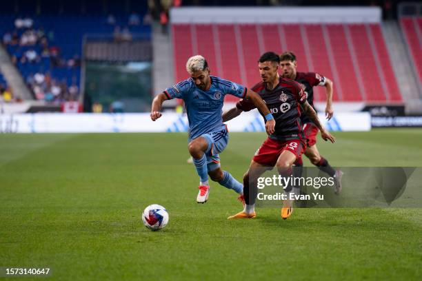 Andres Jasson of New York City FC dribbles the ball against Toronto FC during the first half of a 2023 Leagues Cup match at Red Bull Arena on July...