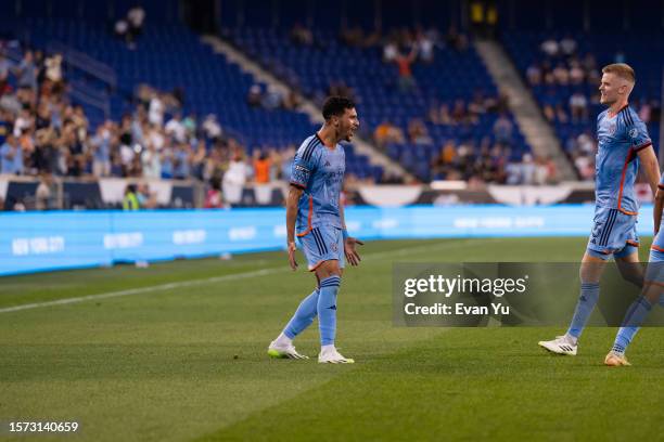 Monsef Bakrar of New York City FC celebrates after scoring a goal against Toronto FC during the first half of a 2023 Leagues Cup match at Red Bull...